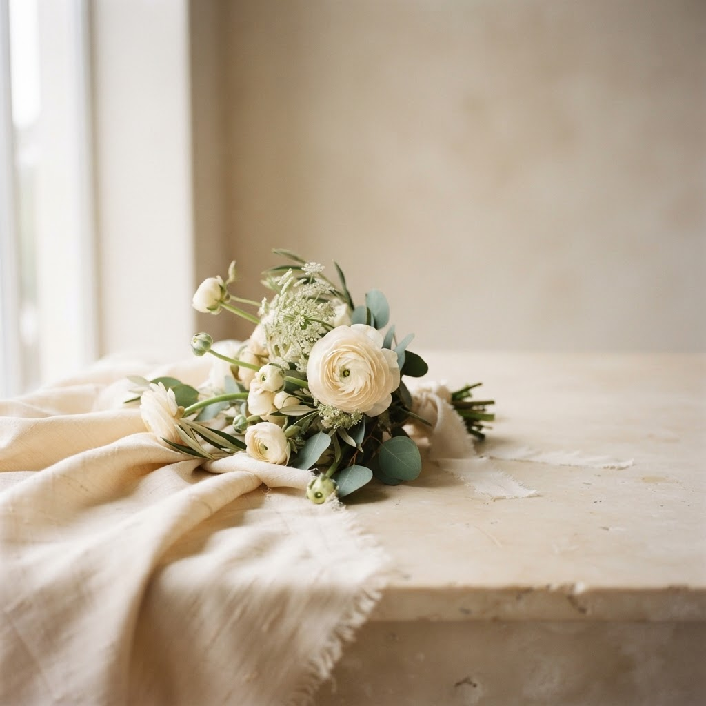 Composição de curadoria nupcial em seda e flores